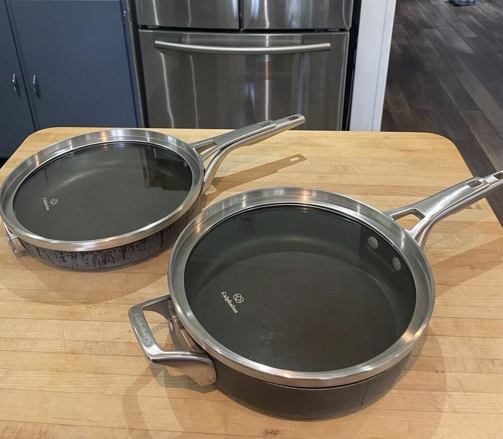 4 Pc Calphalon premier nonstick 10” frying Pans W Flat Glass Lids Hard Anodizedl